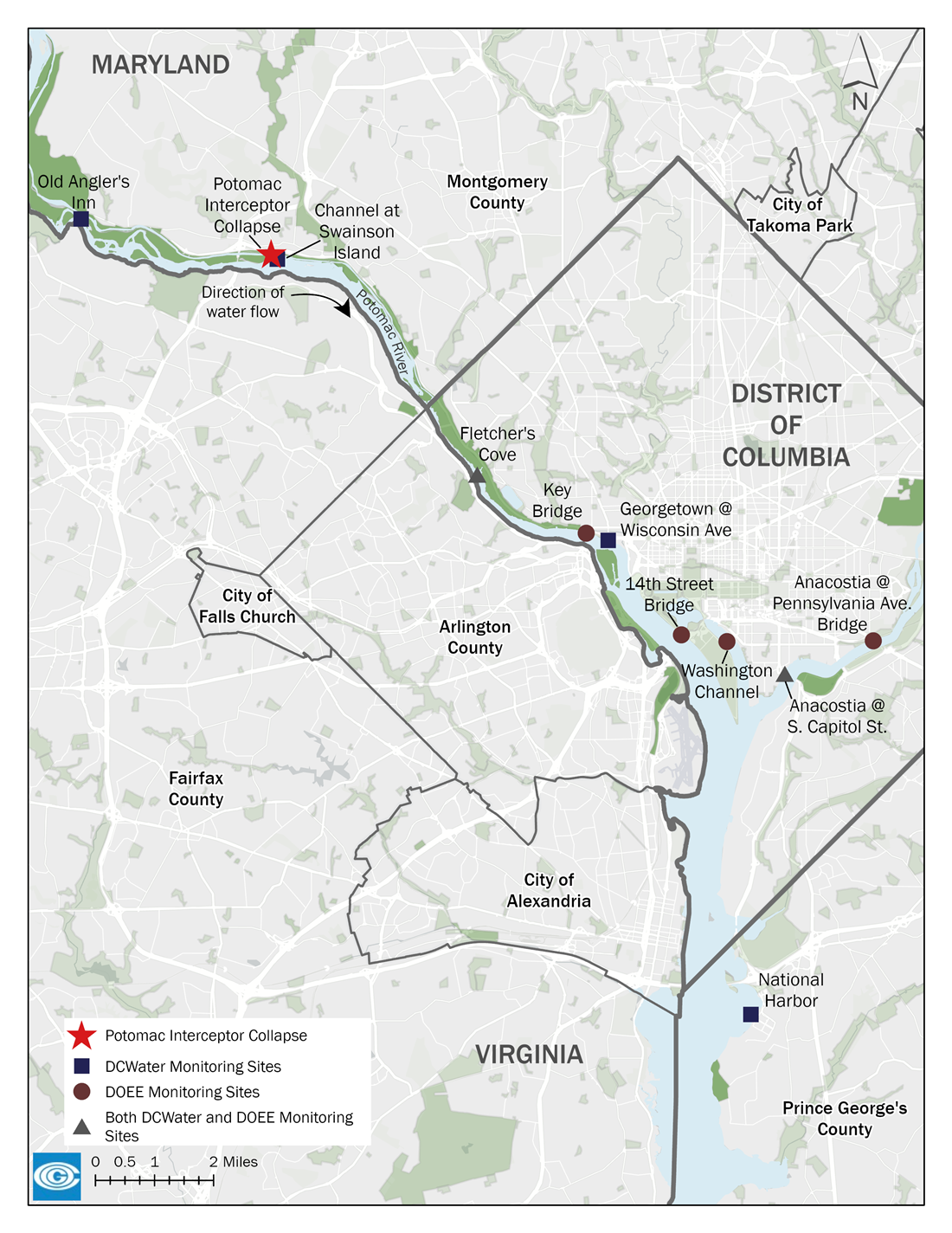 Map of pipeline collapse and water quality sampling locations